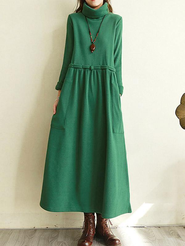 Vintage Split-Joint Loose High-Neck Midi Dress-STYLEGOING