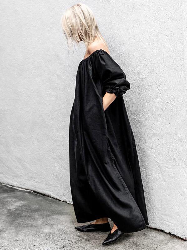 Black Off-Shoulder Loose Long Dress-STYLEGOING