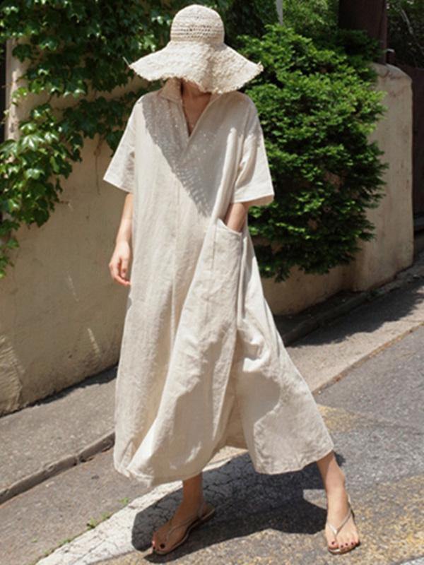 Casual Cozy Cotton Split-Side Long Dress-STYLEGOING