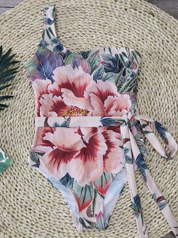 One-Shoulder Floral Sashes One-Piece Swimsuit-STYLEGOING