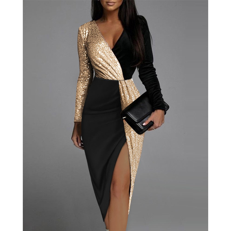 Sexy Long Sleeves Black and Gold Women Party Dresses
