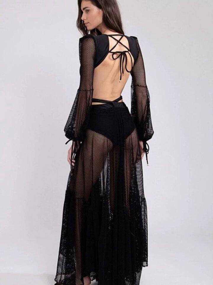 Black Gauze See-Through Maxi Dresses-STYLEGOING