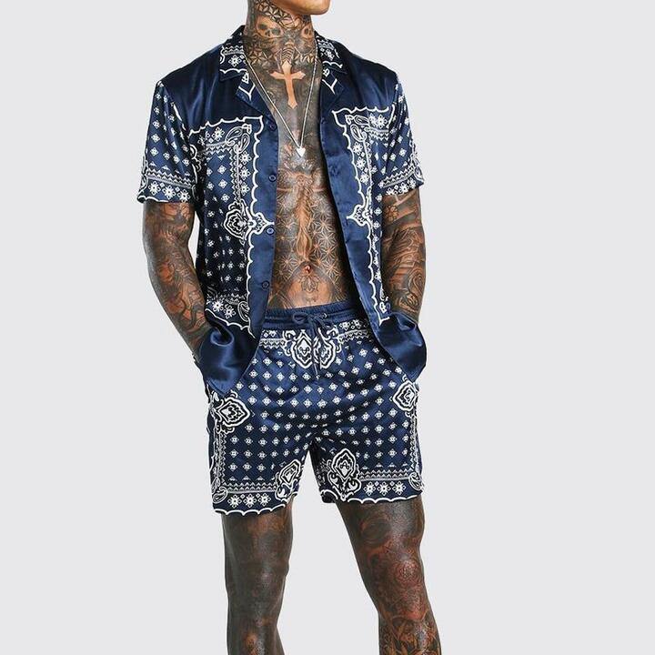 Men Striped Printed Top&Shorts Suits-STYLEGOING