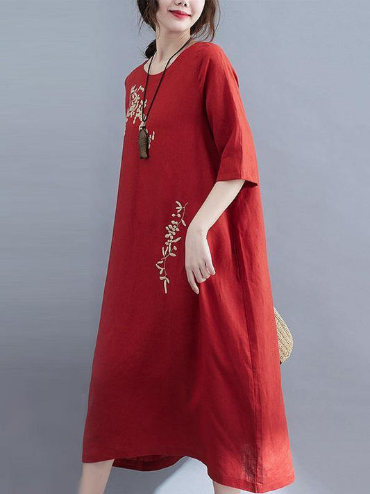 Embroidery Vintae Color Half-Sleeve Long Dress-STYLEGOING