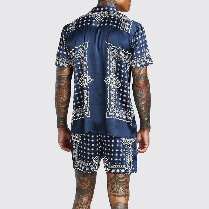 Men Striped Printed Top&Shorts Suits-STYLEGOING