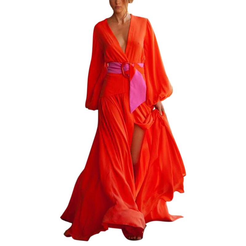 Red Color Split-Front Long Sleeves Maxi Dresses-STYLEGOING