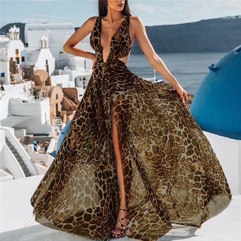 Split-Side Leopard Sleeveless Maxi Dresses-STYLEGOING