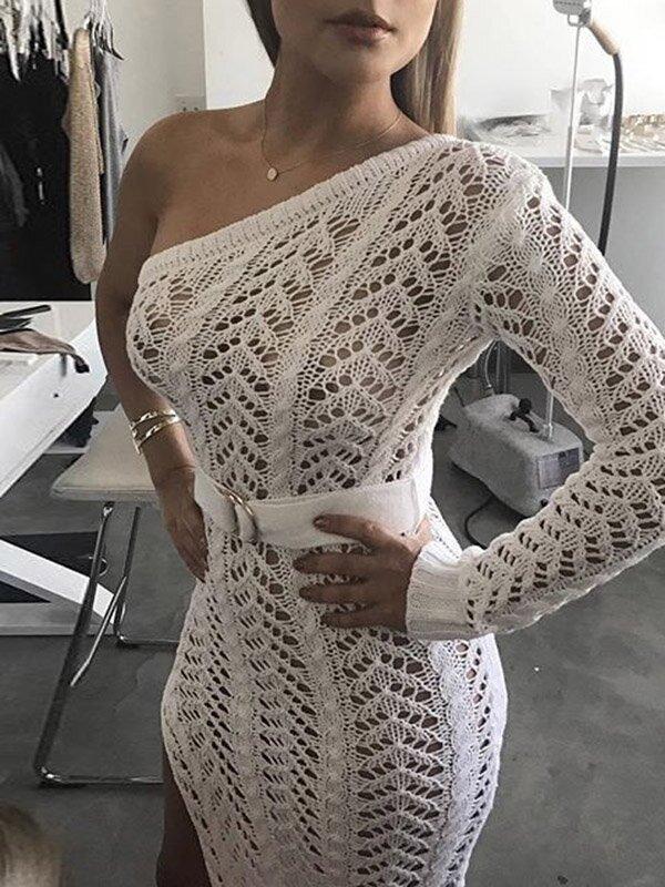 Sexy Hollow One-Shoulder Knitting Dresses-STYLEGOING