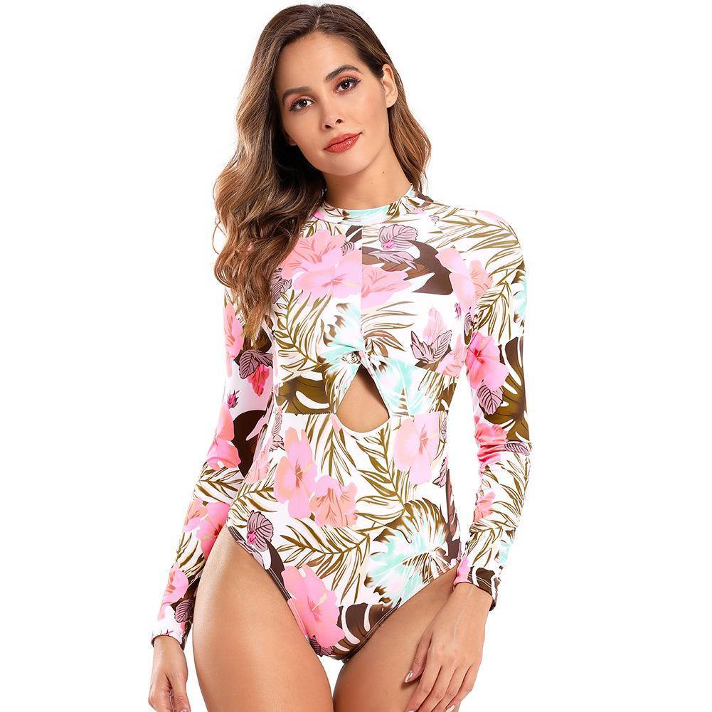 New Flower Print Conservative One Picece Swimsuit-STYLEGOING