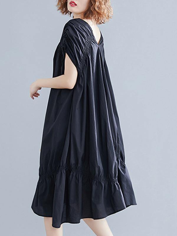 Black Loose Drawstring Ruffled Midi Dress-STYLEGOING