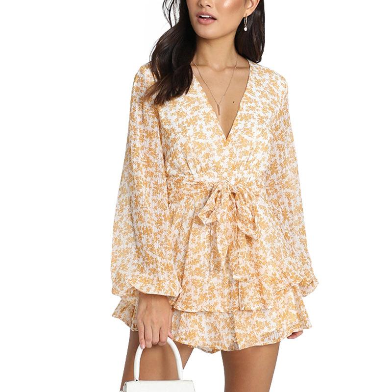 Floral Printed Long Sleeves V-Neck Mini Dress-STYLEGOING