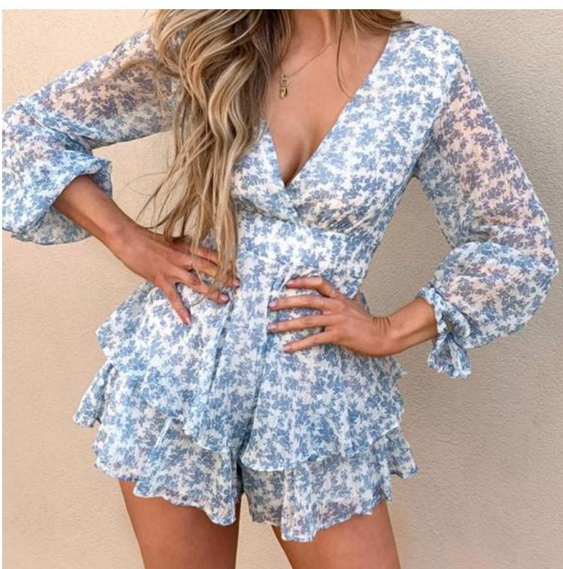 Floral Printed Long Sleeves V-Neck Mini Dress-STYLEGOING