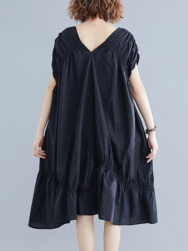 Black Loose Drawstring Ruffled Midi Dress-STYLEGOING