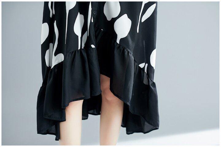 Black Printed Ruffle Shirt Midi Dress-STYLEGOING