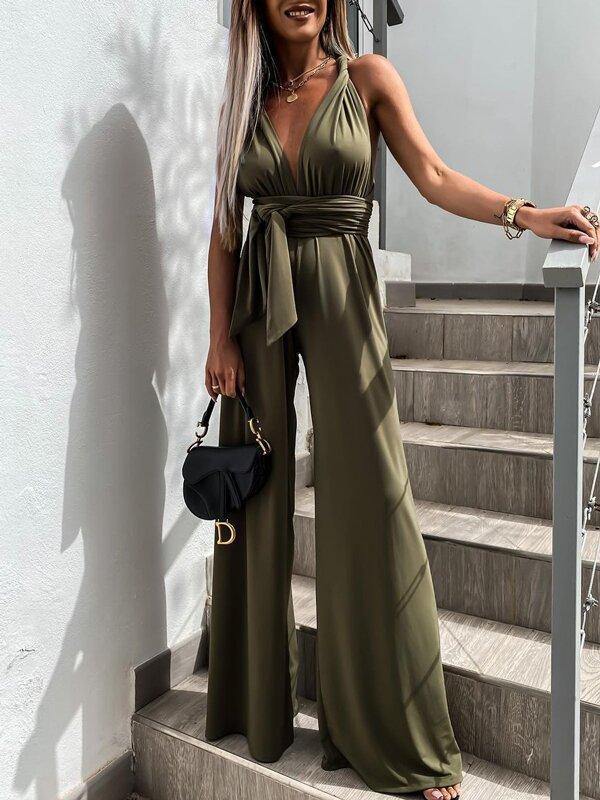 Women Lace-Up Plunging Sleeveless Jumpsuits-STYLEGOING