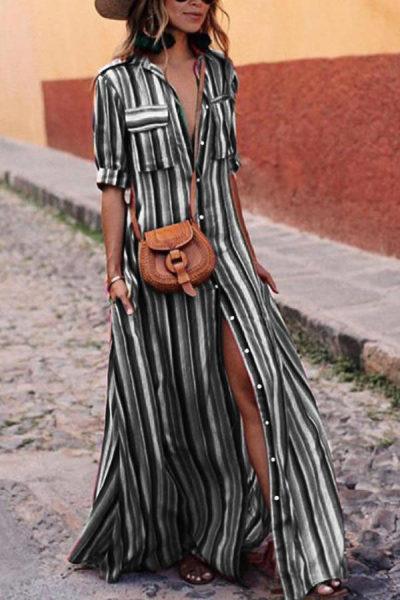 Bohemia Striped Shirt Half Sleeves Maxi Dress-STYLEGOING