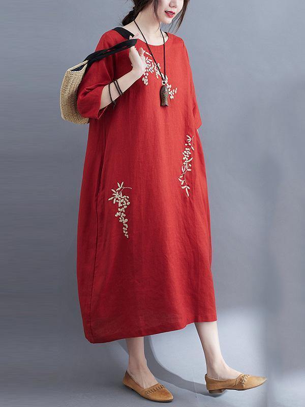 Embroidery Vintae Color Half-Sleeve Long Dress-STYLEGOING