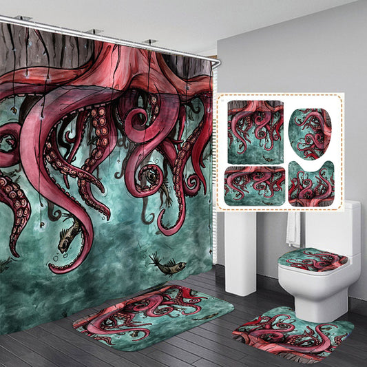 Red Octopus Fabric Shower Curtain Sets