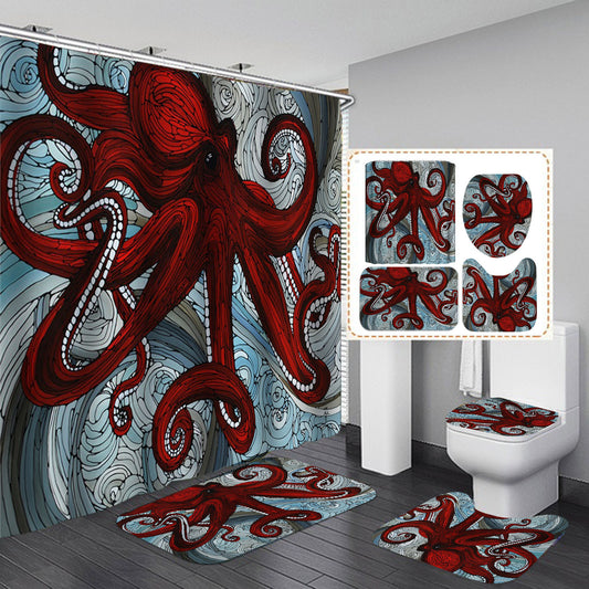 Wine Red Octopus Fabric Shower Curtain Sets