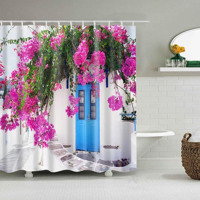 Pink Floral Villa Fabric Shower Curtain-STYLEGOING