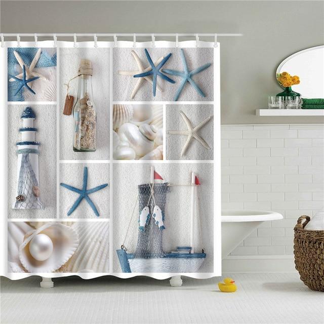 Natural Starfish&Shell Print Fabric Shower Curtain-STYLEGOING