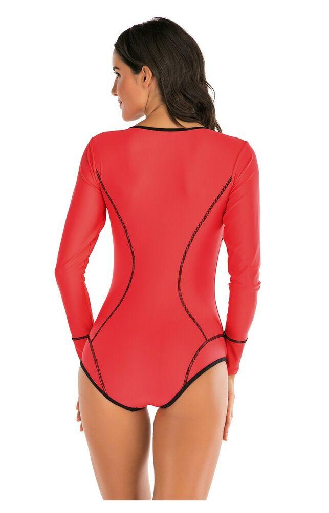 Red Long Sleeves One Piece Swimsuit-STYLEGOING