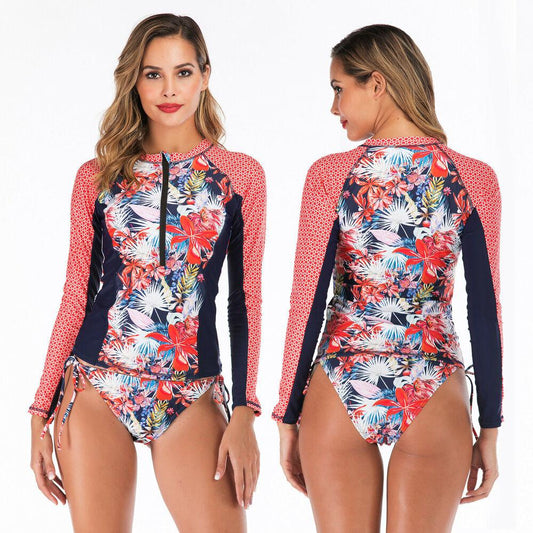 Pink Long Sleeve Two Piece Rash Guard Swimwear-STYLEGOING