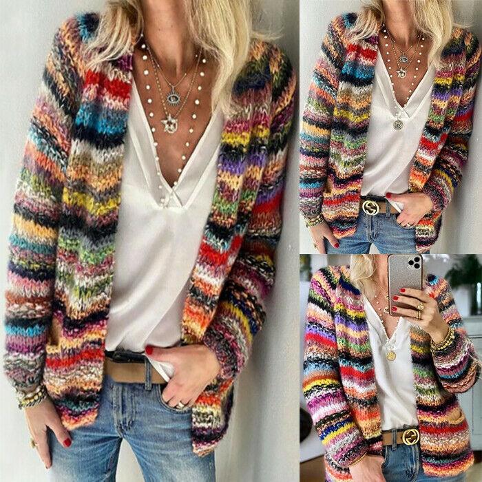 Bohemia Striped Colorful Knitting Cardigan-STYLEGOING