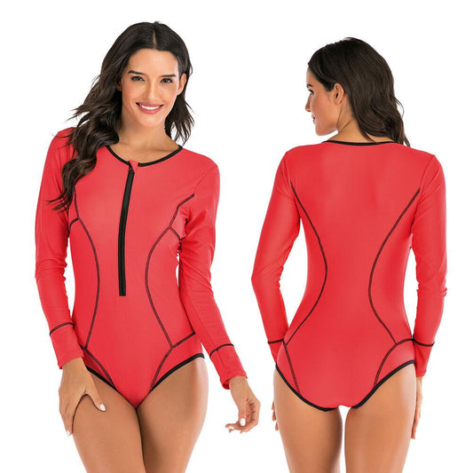 Red Long Sleeves One Piece Swimsuit-STYLEGOING