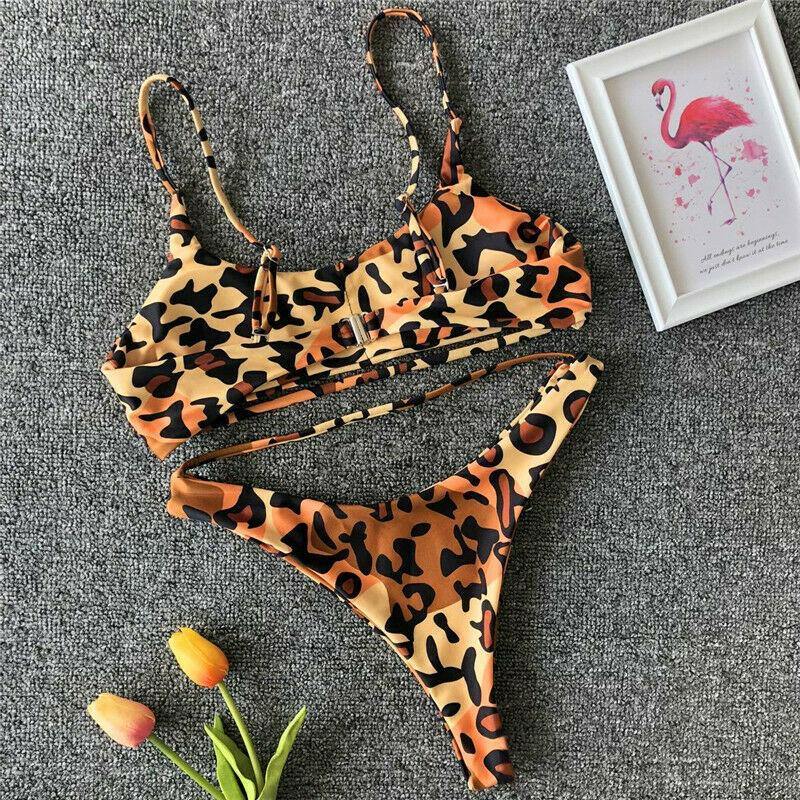 Leopard Print Solid Bikini Set Suits Swimwear-STYLEGOING