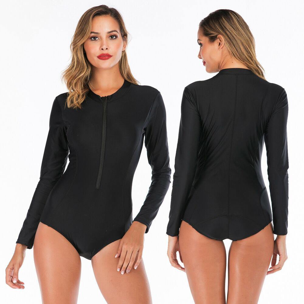 Black Sexy Long Sleeve Zip Front Swimwear-STYLEGOING