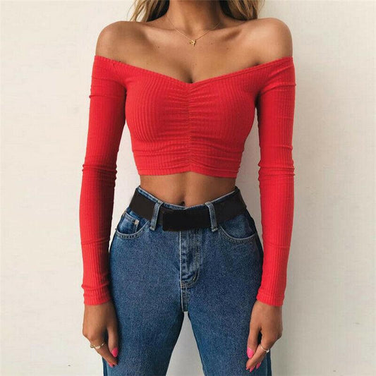 Sexy Slim Off Shoulder Crop Tops-STYLEGOING