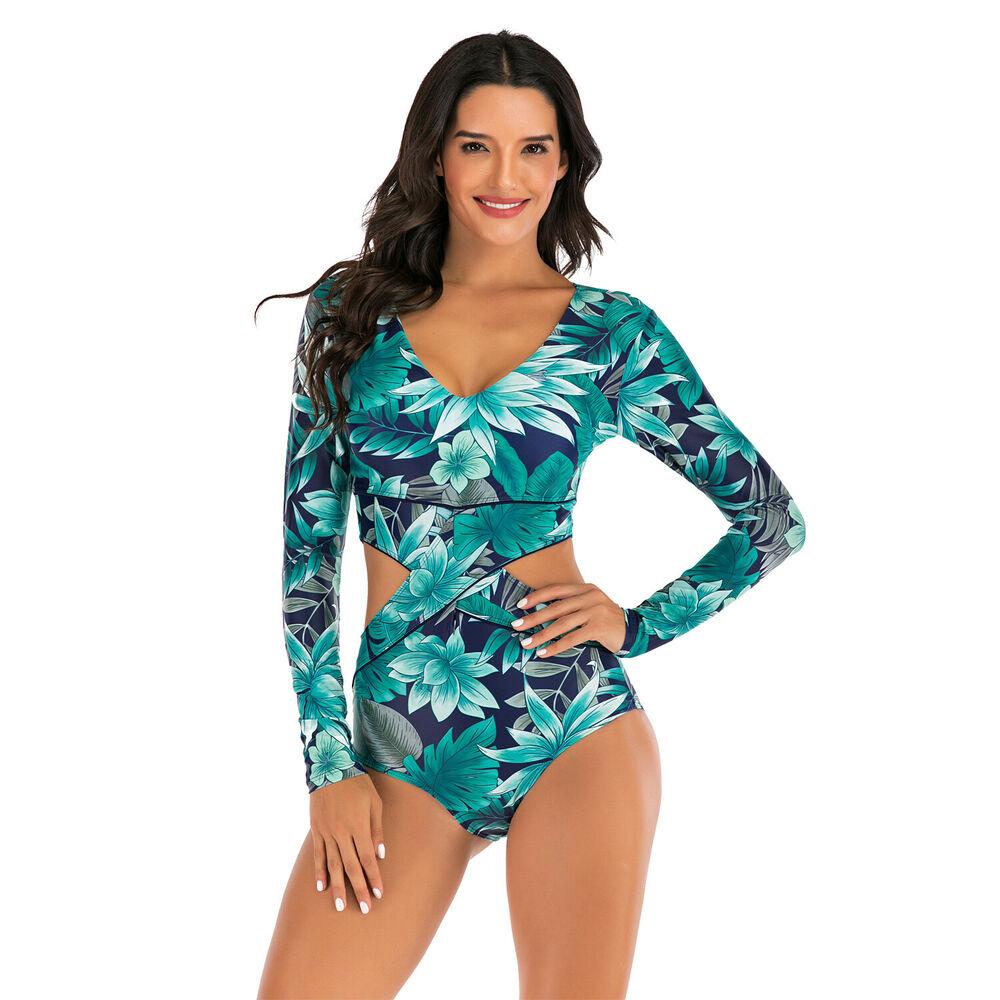 Blue Long Sleeve One Piece Swimsuit-STYLEGOING