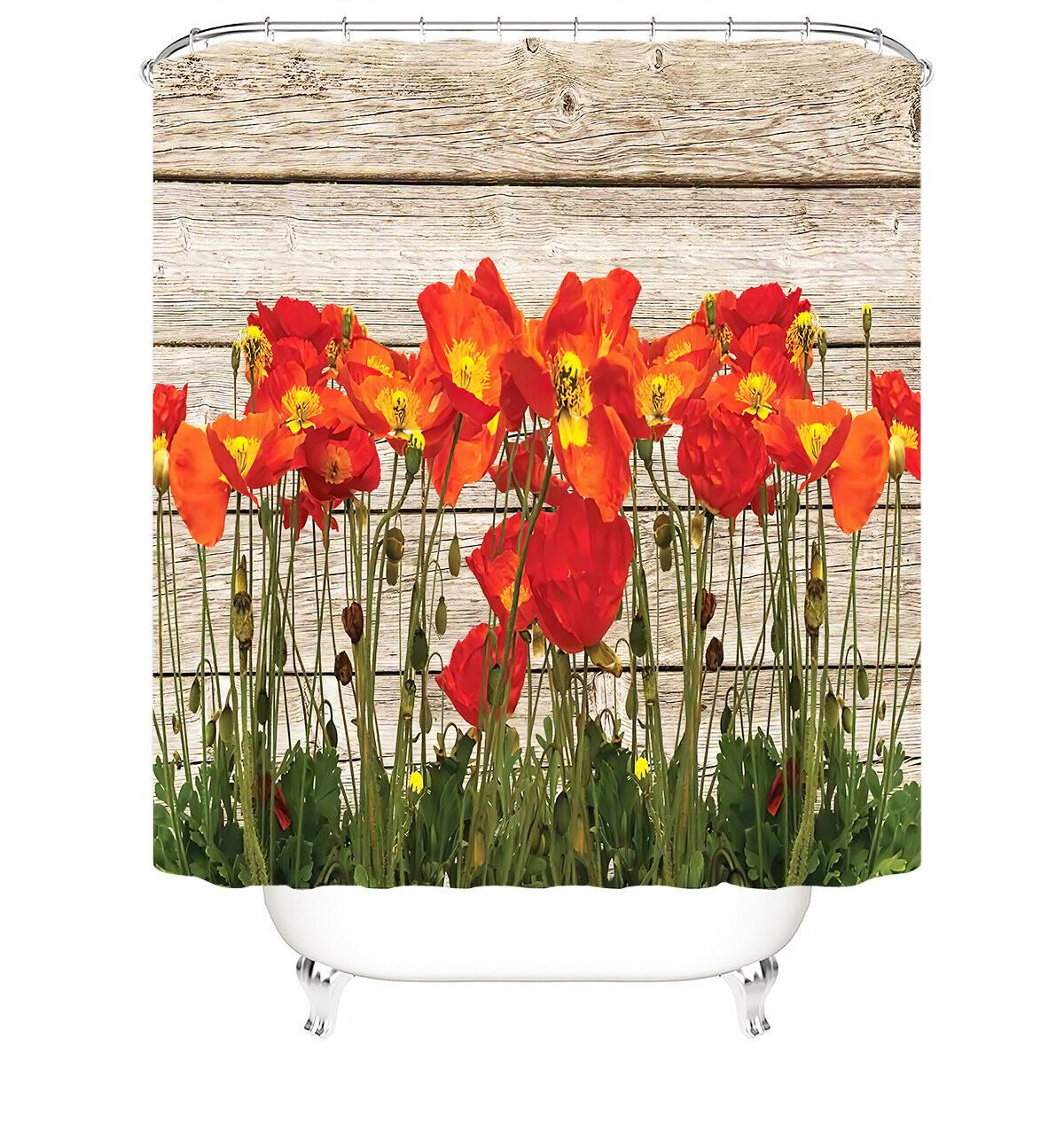 Red Floral Print Wood Fabric Shower Curtain-STYLEGOING