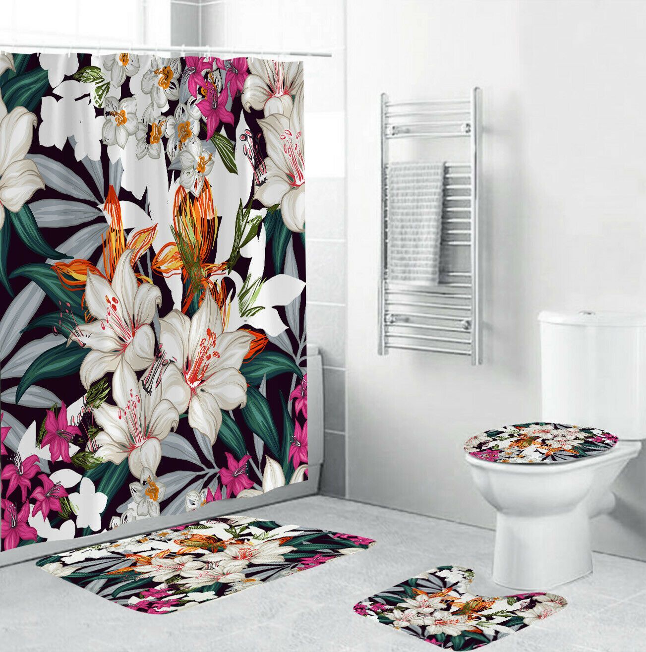 Floral Print Bathroom Fabric Shower Curtain-STYLEGOING