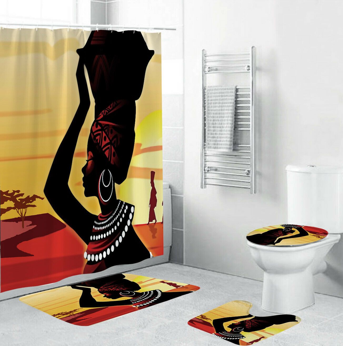 African Woman Shower Curtain Bathroom Rug Set Bath Mat Non-Slip Toilet Lid Cover-STYLEGOING