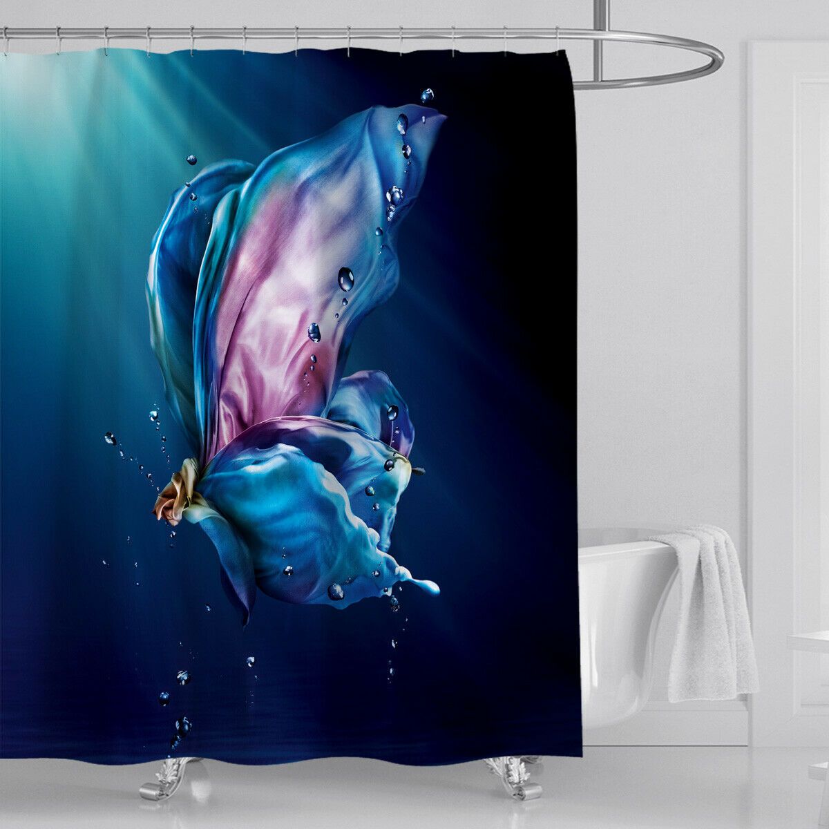 Navy Blue Butterfly Fabric Shower Curtains-STYLEGOING