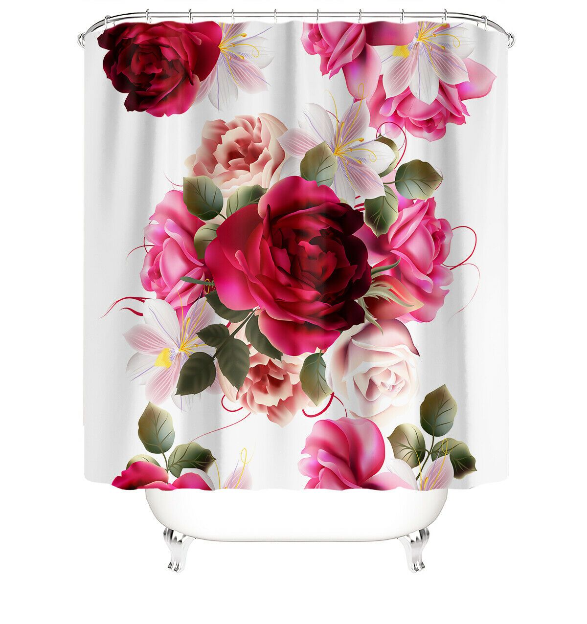 Red Pink Floral Fabric Shower Curtain-STYLEGOING