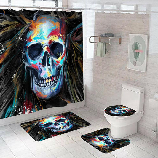 Skull Shower Curtain Bathroom Rug Set Thick Bath Mat Non-Slip Toilet Lid Cover-STYLEGOING