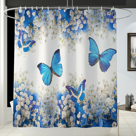 Blue Butterfly Fabric Bathroom Shower Curtain-STYLEGOING