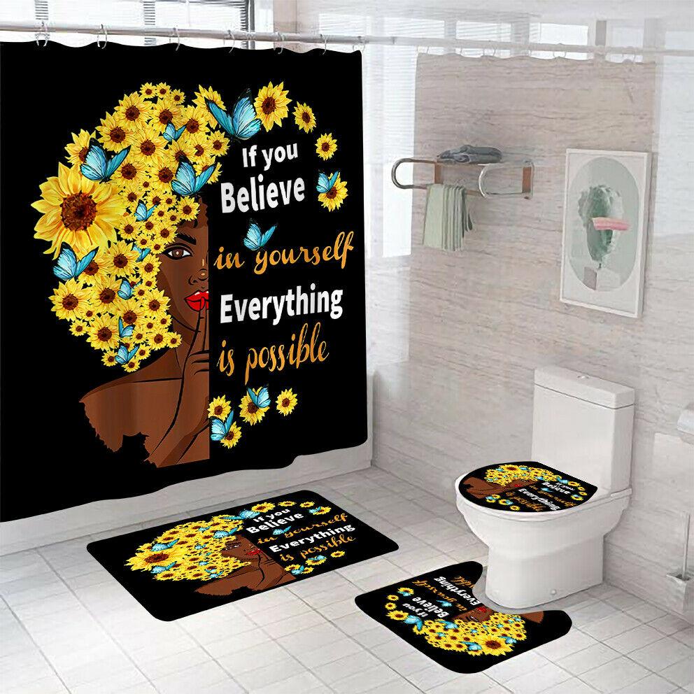 African Woman Shower Curtain Bathroom Rug Set Bath Mat Non-Slip Toilet Lid Cover-STYLEGOING