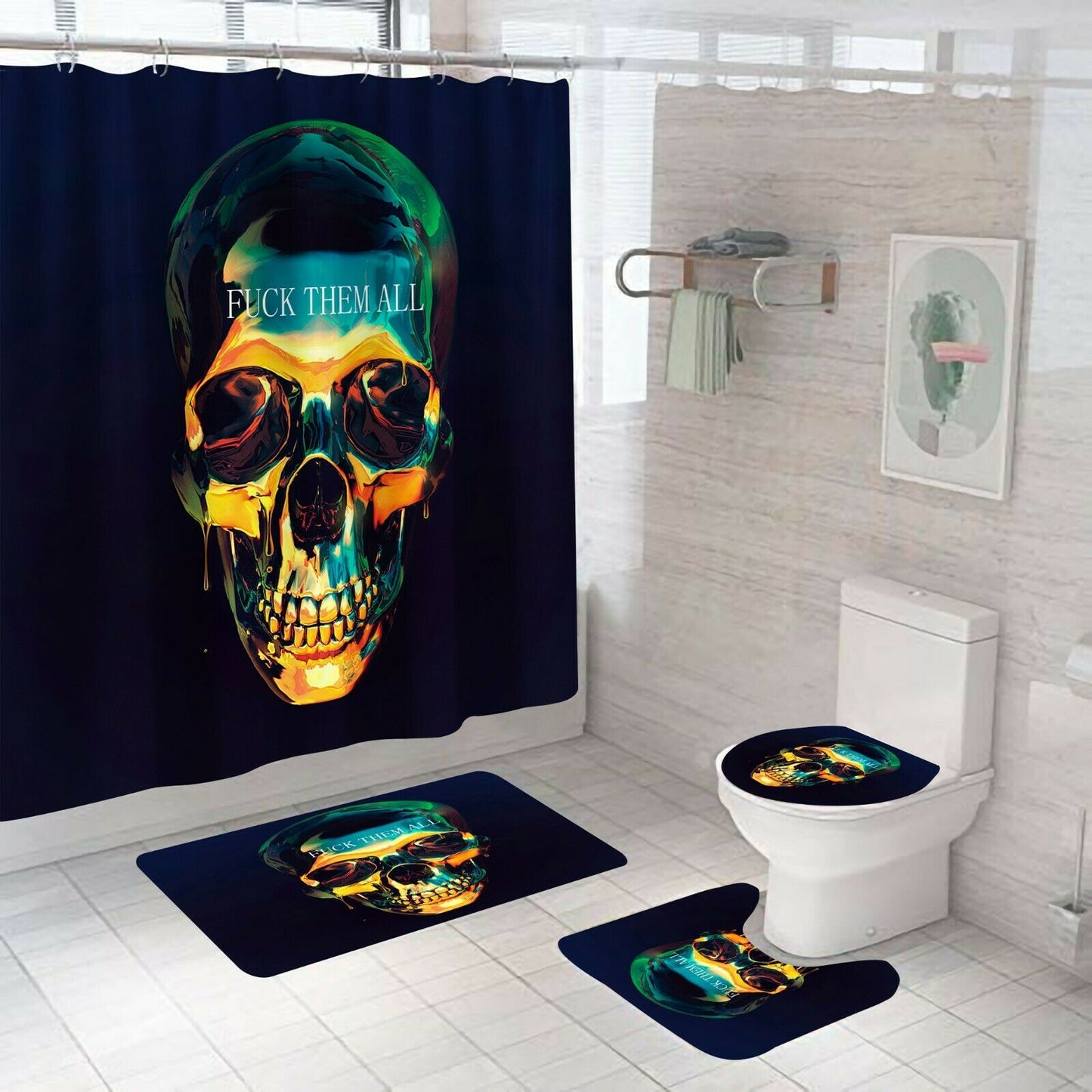 Skull Shower Curtain Set Thick Bathroom Rug Bath Mat Non-Slip Toilet Lid Cover-STYLEGOING