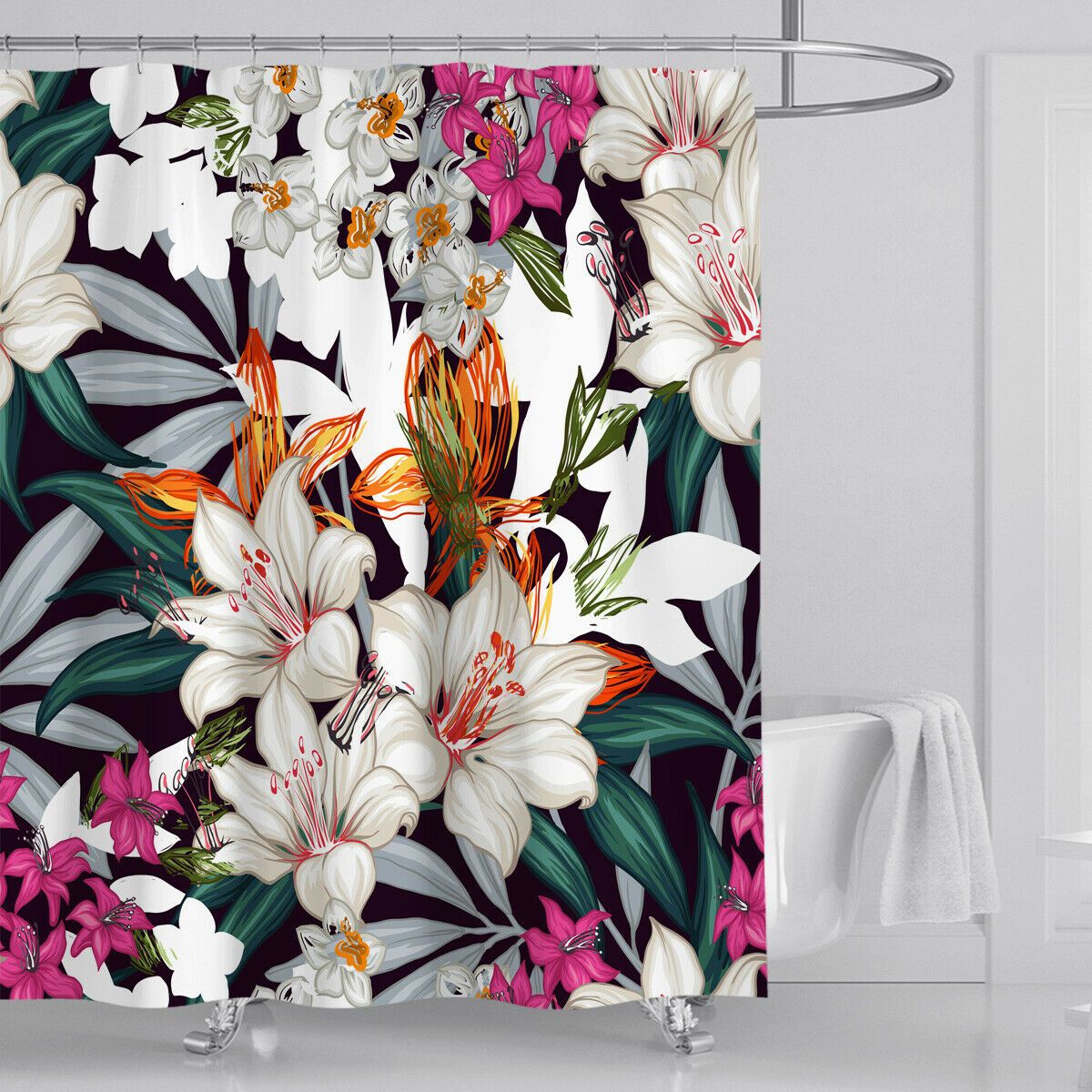Floral Print Bathroom Fabric Shower Curtain-STYLEGOING