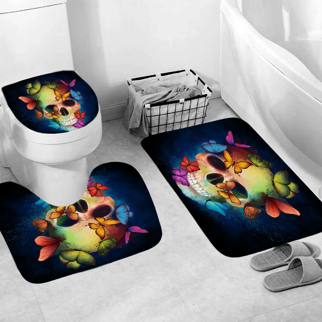 Skull Shower Curtain Set Bathroom Rug Set Bath Mat Non-Slip Toilet Lid Cover-STYLEGOING