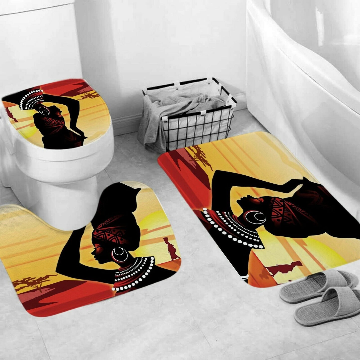 African Woman Shower Curtain Bathroom Rug Set Bath Mat Non-Slip Toilet Lid Cover-STYLEGOING