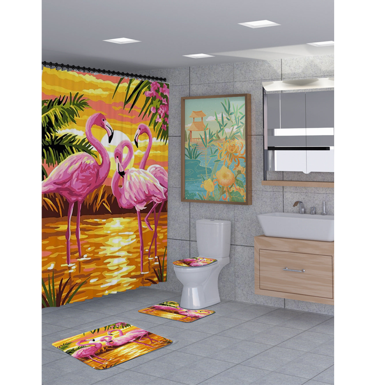 3D Flamingo Shower Curtain Set Bathroom Rug Bath Mat Non-Slip Toilet Lid Cover
