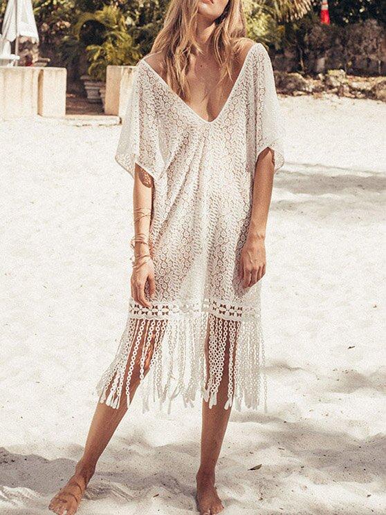 Tasseled Split-joint V-neck Cover-up-STYLEGOING