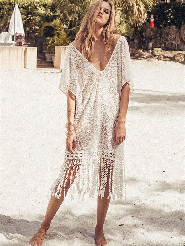 Tasseled Split-joint V-neck Cover-up-STYLEGOING