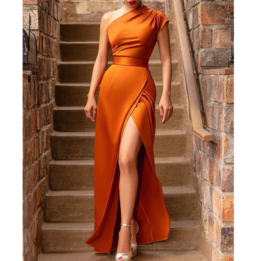 Sexy Orange High Waist One Shoulder Party Long Dresses